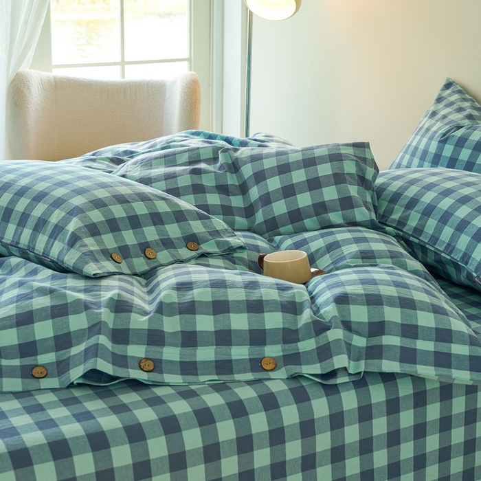 91家纺网 家纺一手货源 找家纺 贝尔 PELLHOME 全棉纽扣色织水洗棉格子四件套（可抖音代发） 梦幻-绿