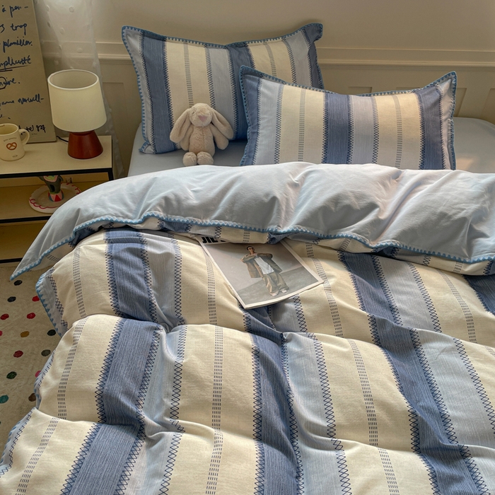 91家纺网 家纺一手货源 找家纺 如一 2025新款加厚全棉磨毛三角针四件套 韵律-蓝