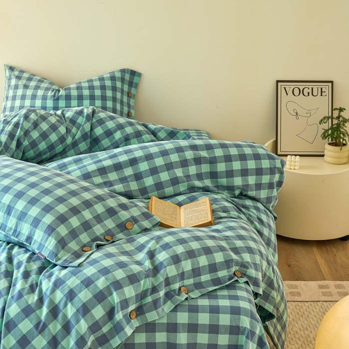 91家纺网 家纺一手货源 找家纺 贝尔 PELLHOME 全棉纽扣色织水洗棉格子四件套（可抖音代发） 梦幻-绿