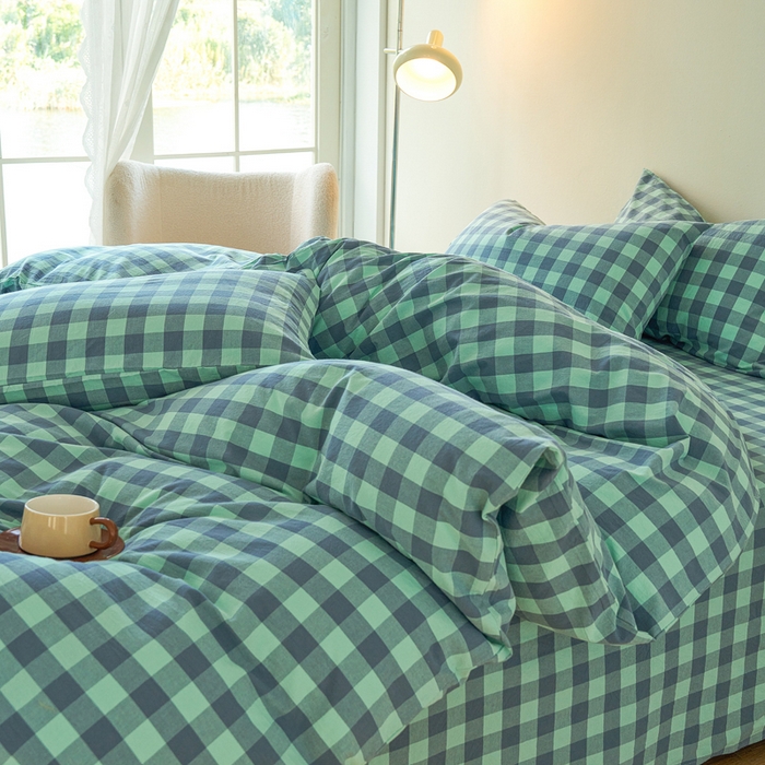 91家纺网 家纺一手货源 找家纺 贝尔 PELLHOME 全棉纽扣色织水洗棉格子四件套（可抖音代发） 梦幻-绿