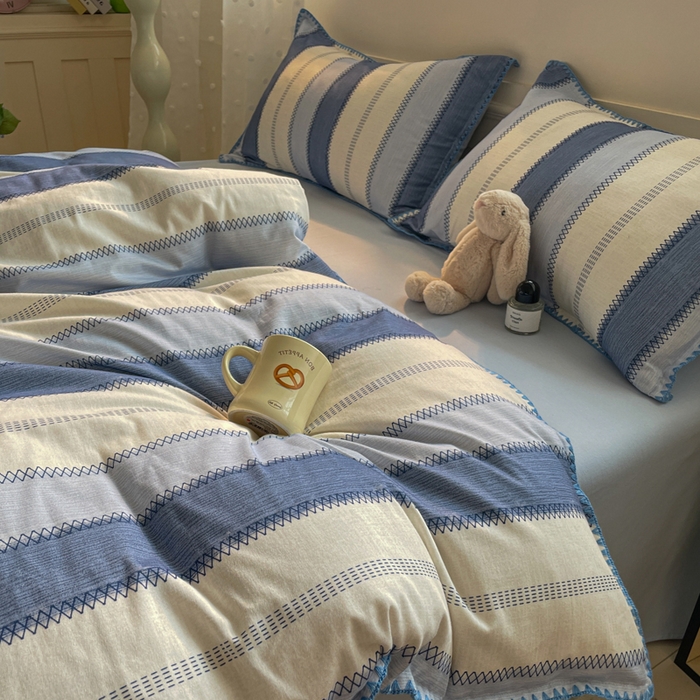 91家纺网 家纺一手货源 找家纺 如一 2025新款加厚全棉磨毛三角针四件套 韵律-蓝