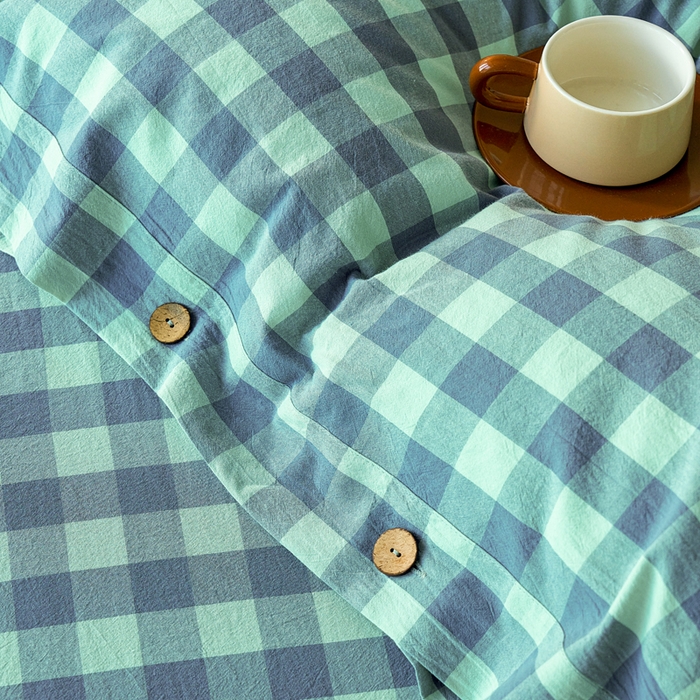 91家纺网 家纺一手货源 找家纺 贝尔 PELLHOME 全棉纽扣色织水洗棉格子四件套（可抖音代发） 梦幻-绿