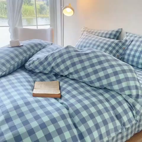 91家纺网 家纺一手货源 找家纺 贝尔 PELLHOME 全棉纽扣色织水洗棉格子四件套（可抖音代发） 梦幻-绿