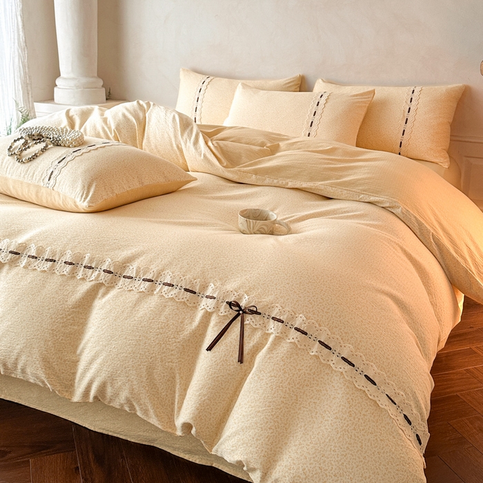 91家纺网 家纺一手货源 找家纺 遇见家居生活馆 2025新款亚麻双层纱四件套-叶知秋（小号108 标准128，加大138） 叶知秋-黄色