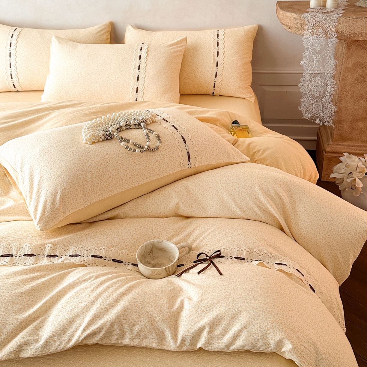 91家纺网 家纺一手货源 找家纺 遇见家居生活馆 2025新款亚麻双层纱四件套-叶知秋（小号108 标准128，加大138） 叶知秋-黄色