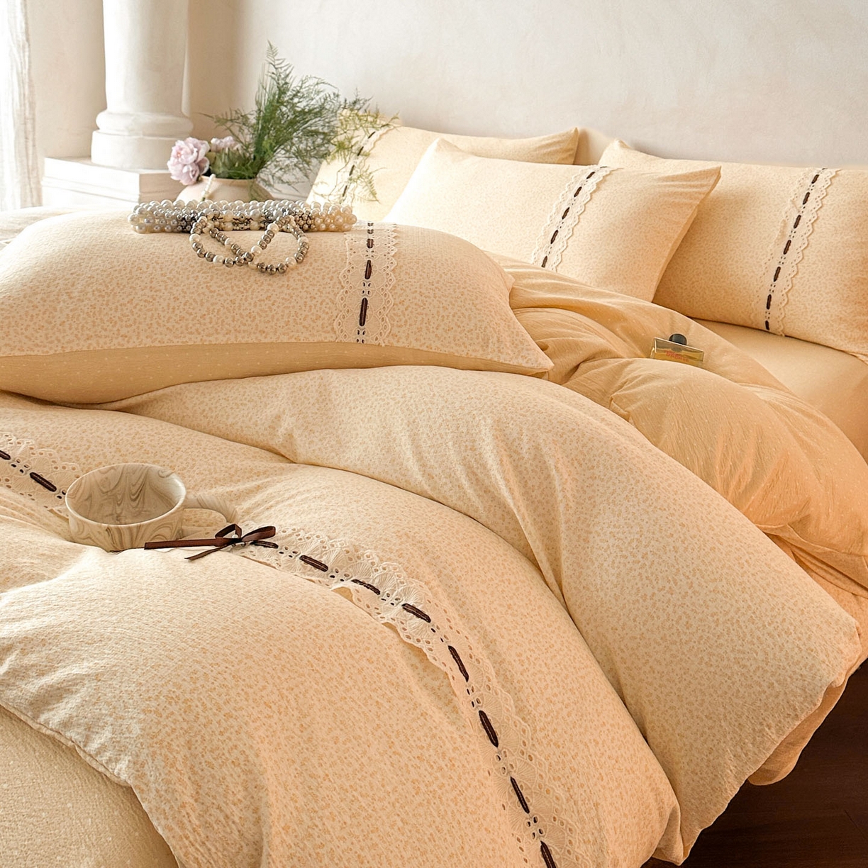 91家纺网 家纺一手货源 找家纺 遇见家居生活馆 2025新款亚麻双层纱四件套-叶知秋（小号108 标准128，加大138） 叶知秋-黄色