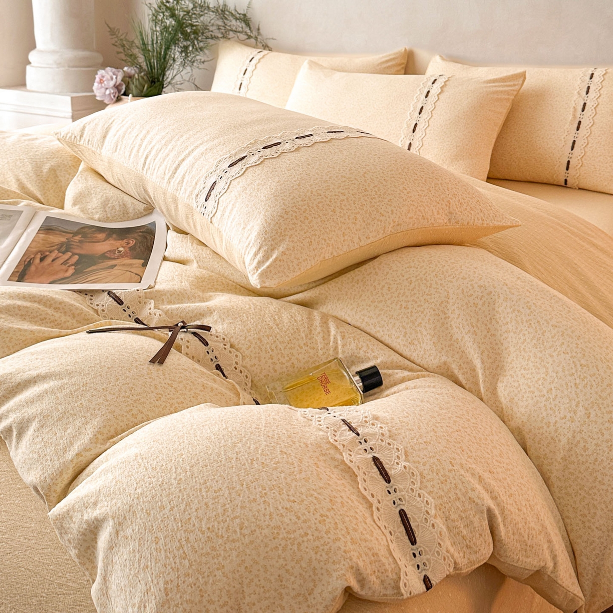 91家纺网 家纺一手货源 找家纺 遇见家居生活馆 2025新款亚麻双层纱四件套-叶知秋（小号108 标准128，加大138） 叶知秋-黄色