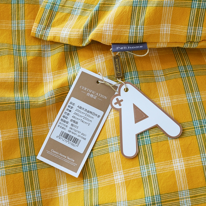 91家纺网 家纺一手货源 找家纺 贝尔 PELLHOME 全棉纽扣色织水洗棉格子四件套（可抖音代发） 梦田-黄