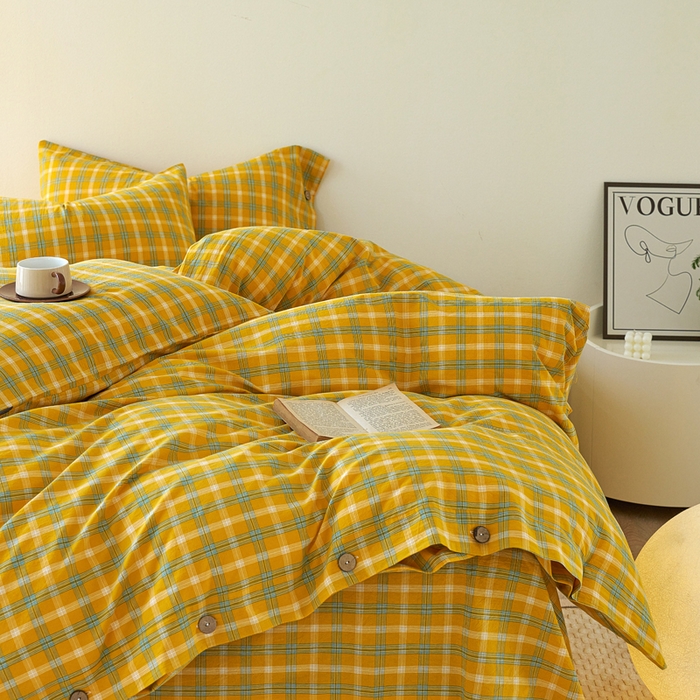 91家纺网 家纺一手货源 找家纺 贝尔 PELLHOME 全棉纽扣色织水洗棉格子四件套（可抖音代发） 梦田-黄
