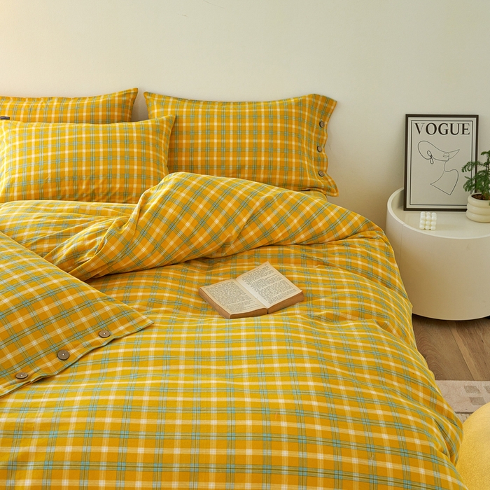 91家纺网 家纺一手货源 找家纺 贝尔 PELLHOME 全棉纽扣色织水洗棉格子四件套（可抖音代发） 梦田-黄