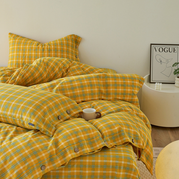 91家纺网 家纺一手货源 找家纺 贝尔 PELLHOME 全棉纽扣色织水洗棉格子四件套（可抖音代发） 梦田-黄