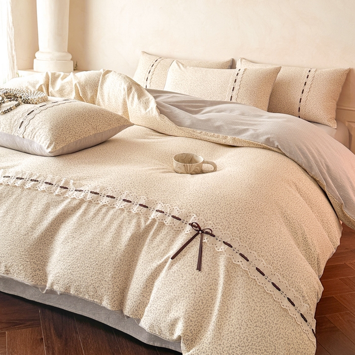 91家纺网 家纺一手货源 找家纺 遇见家居生活馆 2025新款亚麻双层纱四件套-叶知秋（小号108 标准128，加大138） 叶知秋-灰紫