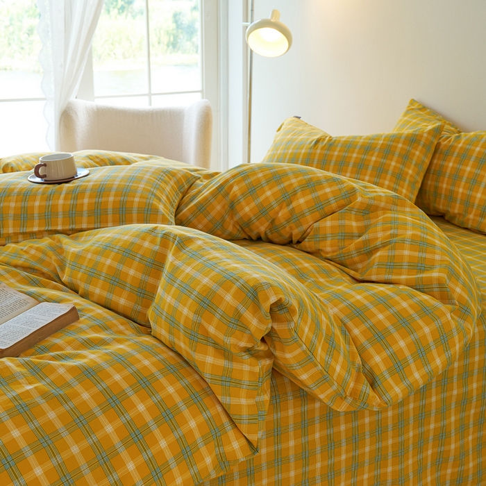 91家纺网 家纺一手货源 找家纺 贝尔 PELLHOME 全棉纽扣色织水洗棉格子四件套（可抖音代发） 梦田-黄