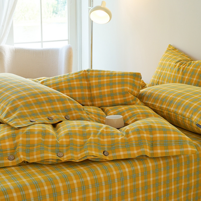 91家纺网 家纺一手货源 找家纺 贝尔 PELLHOME 全棉纽扣色织水洗棉格子四件套（可抖音代发） 梦田-黄