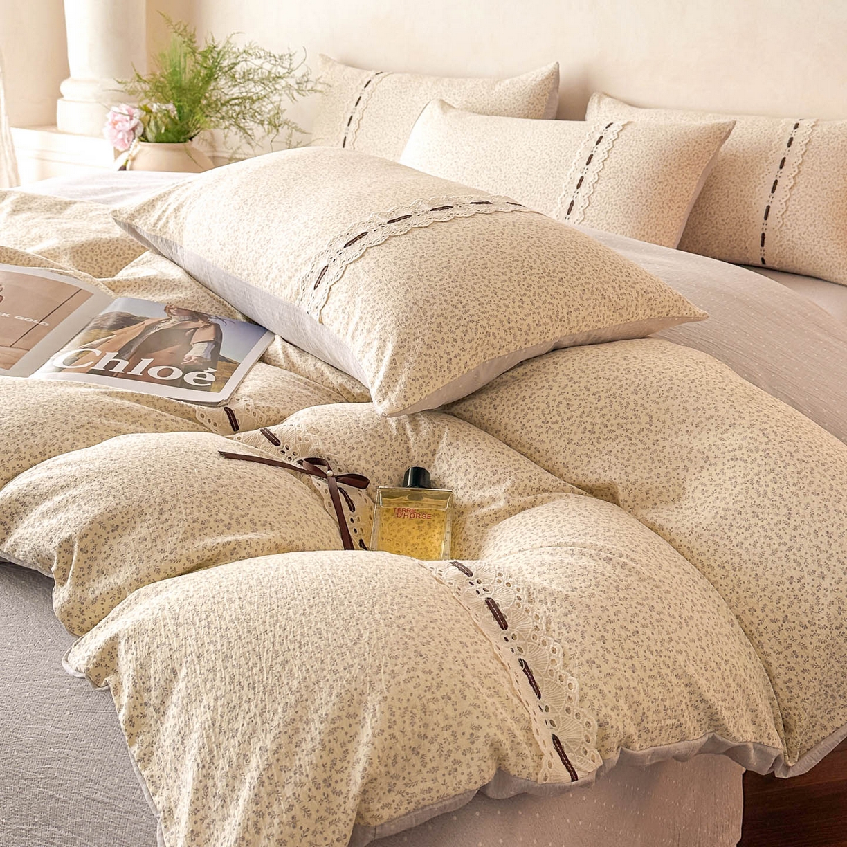 91家纺网 家纺一手货源 找家纺 遇见家居生活馆 2025新款亚麻双层纱四件套-叶知秋（小号108 标准128，加大138） 叶知秋-灰紫