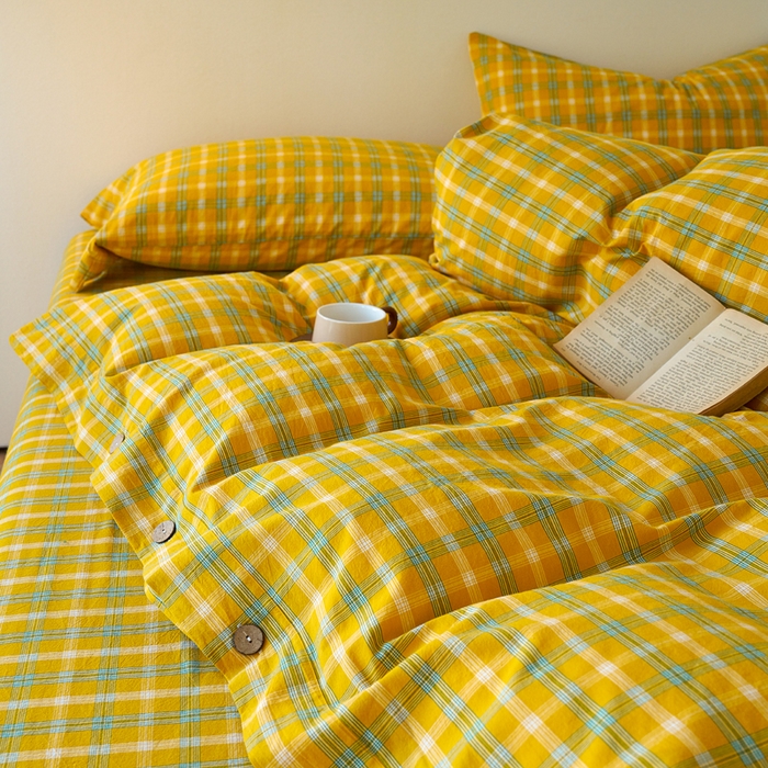 91家纺网 家纺一手货源 找家纺 贝尔 PELLHOME 全棉纽扣色织水洗棉格子四件套（可抖音代发） 梦田-黄