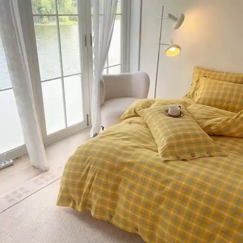 91家纺网 家纺一手货源 找家纺 贝尔 PELLHOME 全棉纽扣色织水洗棉格子四件套（可抖音代发） 梦田-黄