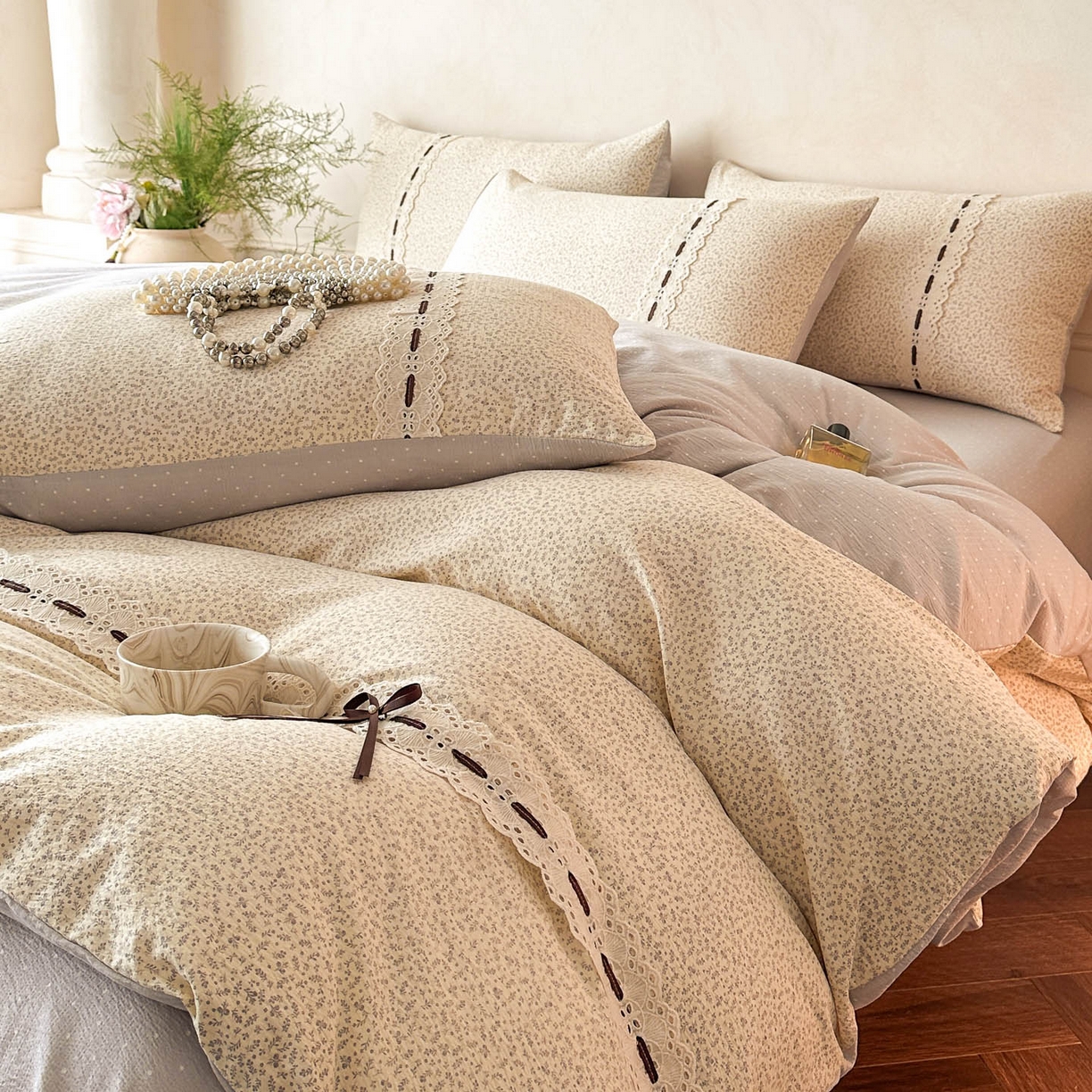 91家纺网 家纺一手货源 找家纺 遇见家居生活馆 2025新款亚麻双层纱四件套-叶知秋（小号108 标准128，加大138） 叶知秋-灰紫