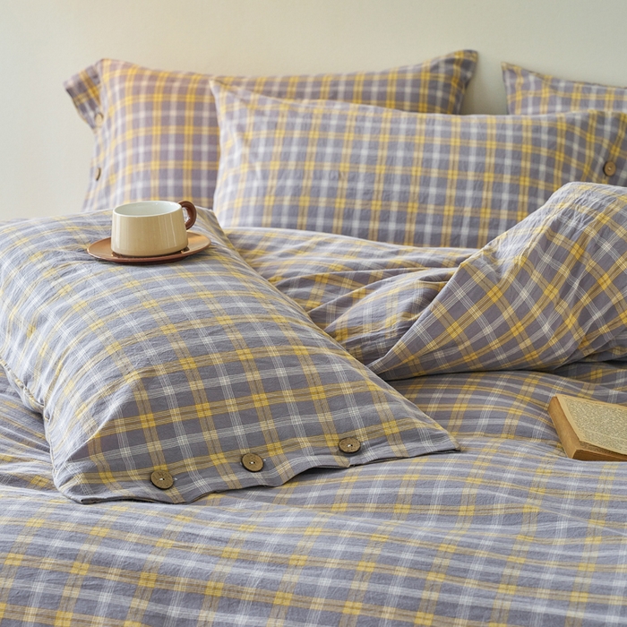 91家纺网 家纺一手货源 找家纺 贝尔 PELLHOME 全棉纽扣色织水洗棉格子四件套（可抖音代发） 梦田-灰