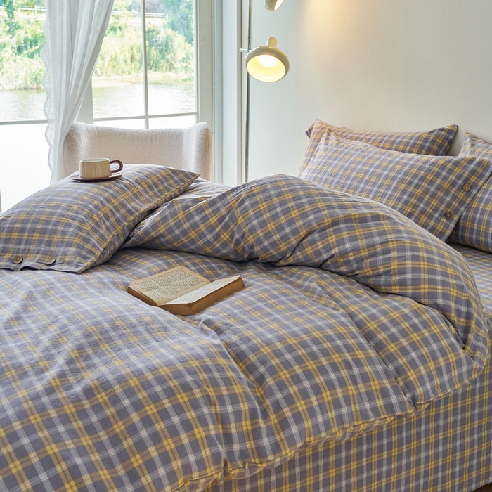 91家纺网 家纺一手货源 找家纺 贝尔 PELLHOME 全棉纽扣色织水洗棉格子四件套（可抖音代发） 梦田-灰