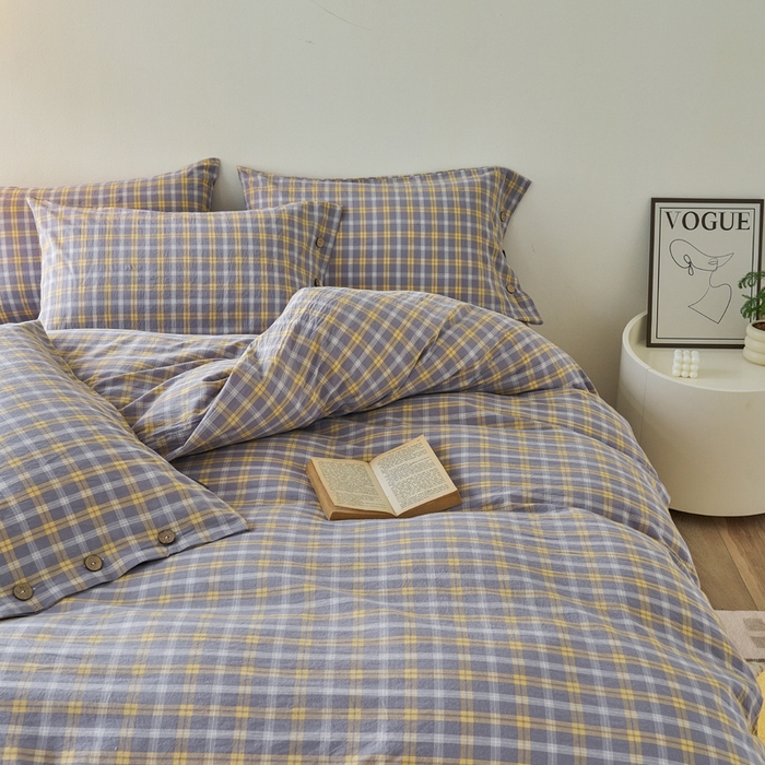 91家纺网 家纺一手货源 找家纺 贝尔 PELLHOME 全棉纽扣色织水洗棉格子四件套（可抖音代发） 梦田-灰