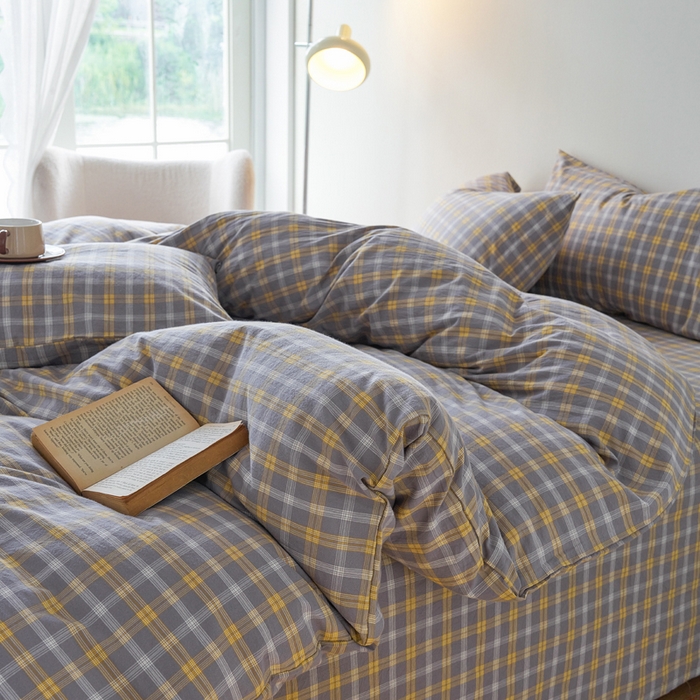 91家纺网 家纺一手货源 找家纺 贝尔 PELLHOME 全棉纽扣色织水洗棉格子四件套（可抖音代发） 梦田-灰