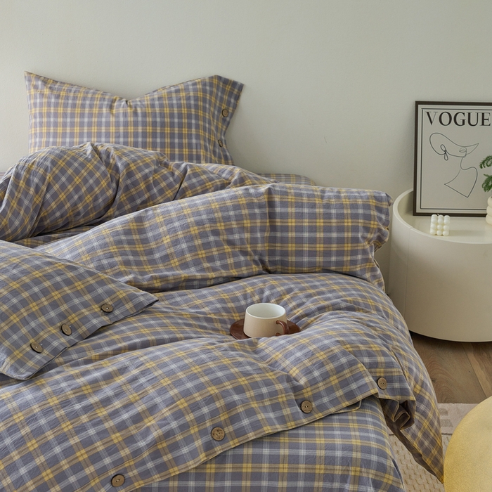 91家纺网 家纺一手货源 找家纺 贝尔 PELLHOME 全棉纽扣色织水洗棉格子四件套（可抖音代发） 梦田-灰