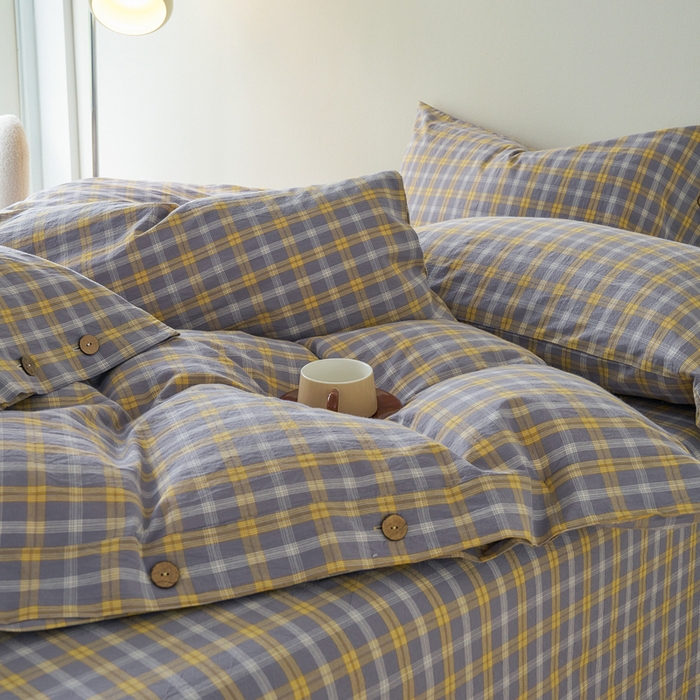 91家纺网 家纺一手货源 找家纺 贝尔 PELLHOME 全棉纽扣色织水洗棉格子四件套（可抖音代发） 梦田-灰