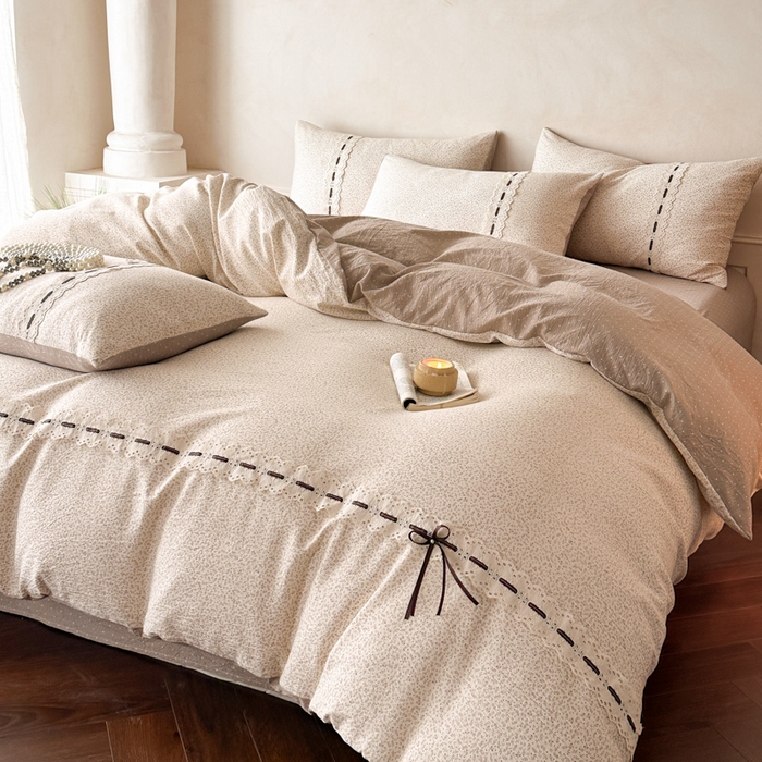 91家纺网 家纺一手货源 找家纺 遇见家居生活馆 2025新款亚麻双层纱四件套-叶知秋（小号108 标准128，加大138） 叶知秋-卡其