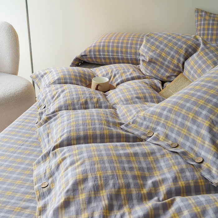 91家纺网 家纺一手货源 找家纺 贝尔 PELLHOME 全棉纽扣色织水洗棉格子四件套（可抖音代发） 梦田-灰