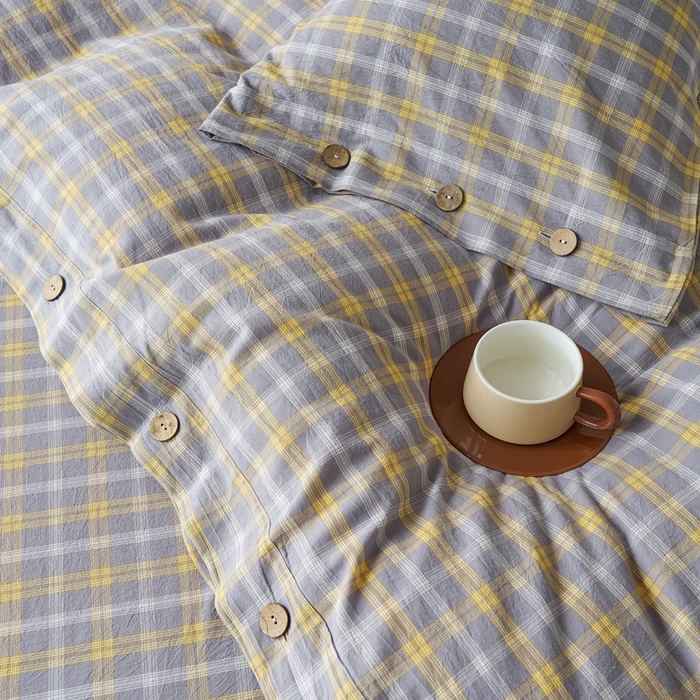 91家纺网 家纺一手货源 找家纺 贝尔 PELLHOME 全棉纽扣色织水洗棉格子四件套（可抖音代发） 梦田-灰