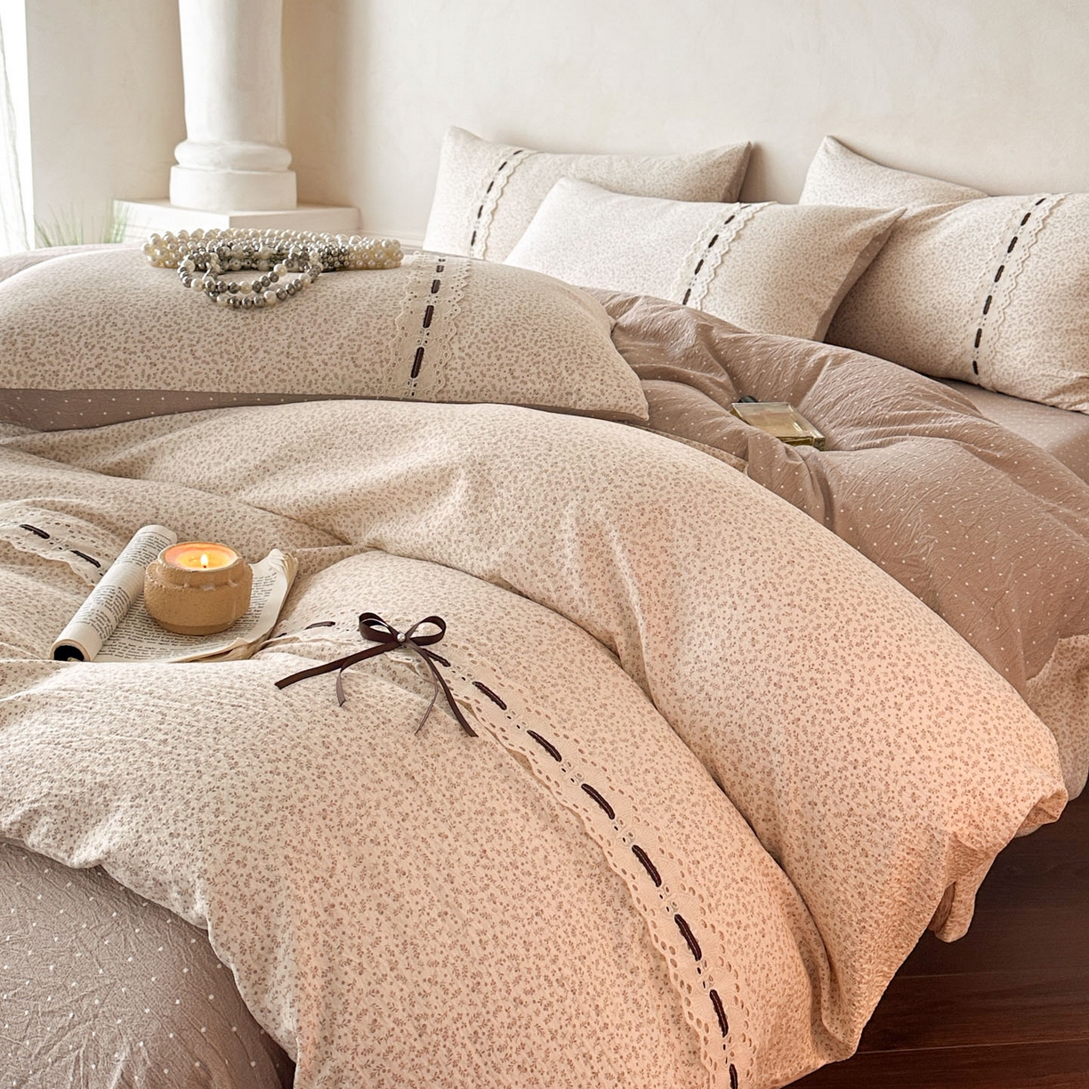 91家纺网 家纺一手货源 找家纺 遇见家居生活馆 2025新款亚麻双层纱四件套-叶知秋（小号108 标准128，加大138） 叶知秋-卡其