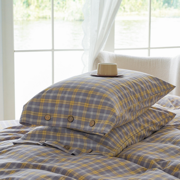 91家纺网 家纺一手货源 找家纺 贝尔 PELLHOME 全棉纽扣色织水洗棉格子四件套（可抖音代发） 梦田-灰