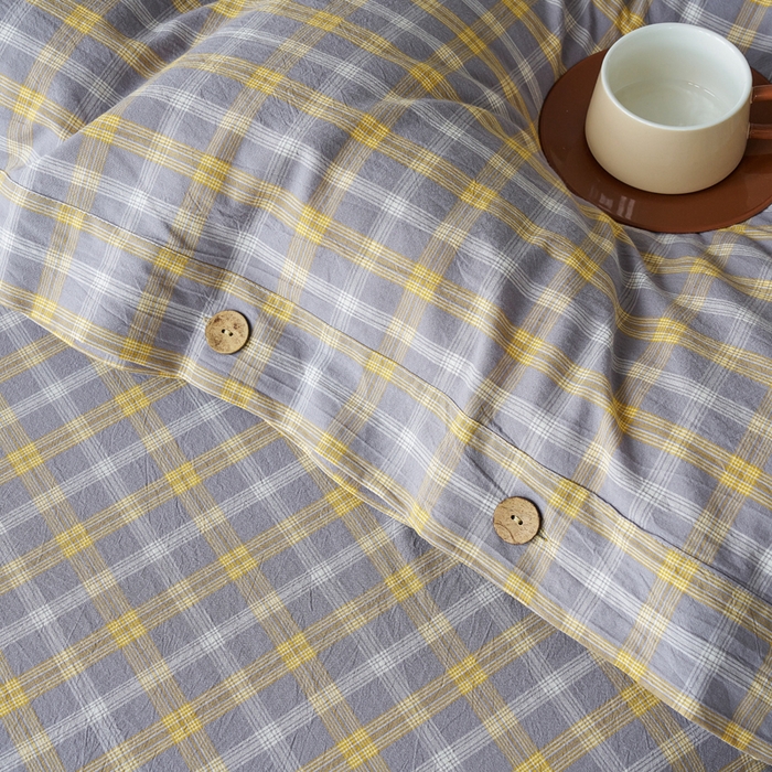 91家纺网 家纺一手货源 找家纺 贝尔 PELLHOME 全棉纽扣色织水洗棉格子四件套（可抖音代发） 梦田-灰