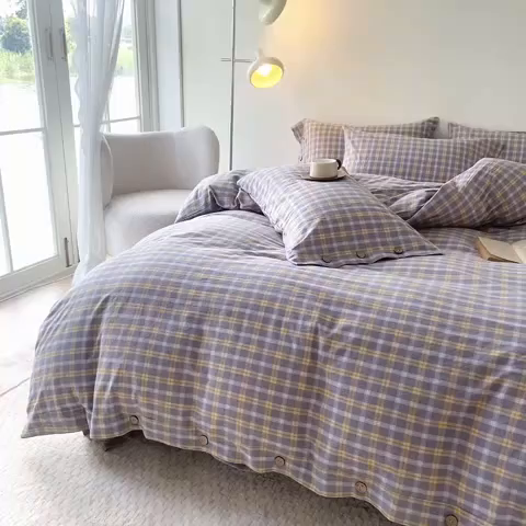 91家纺网 家纺一手货源 找家纺 贝尔 PELLHOME 全棉纽扣色织水洗棉格子四件套（可抖音代发） 梦田-灰