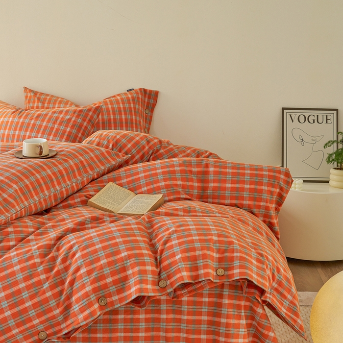 91家纺网 家纺一手货源 找家纺 贝尔 PELLHOME 全棉纽扣色织水洗棉格子四件套（可抖音代发） 梦田-桔