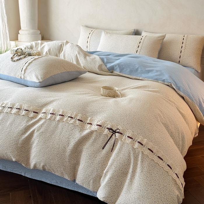 91家纺网 家纺一手货源 找家纺 遇见家居生活馆 2025新款亚麻双层纱四件套-叶知秋（小号108 标准128，加大138） 叶知秋-蓝色