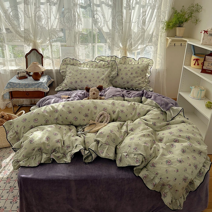 91家纺网 家纺一手货源 找家纺 （总）桃子家居 2025新款A类纯棉数码印花法式碎花棉加绒韩版花边碎花加厚牛奶绒四件套