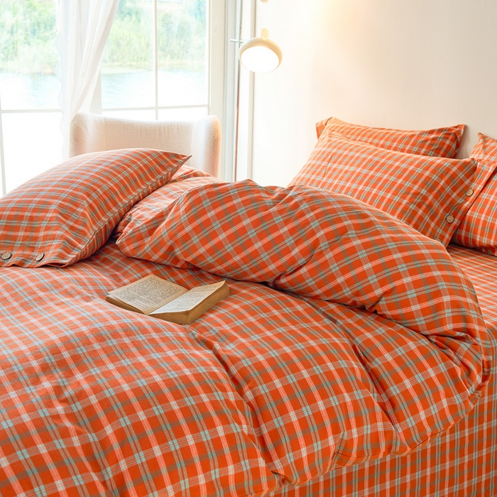 91家纺网 家纺一手货源 找家纺 贝尔 PELLHOME 全棉纽扣色织水洗棉格子四件套（可抖音代发） 梦田-桔