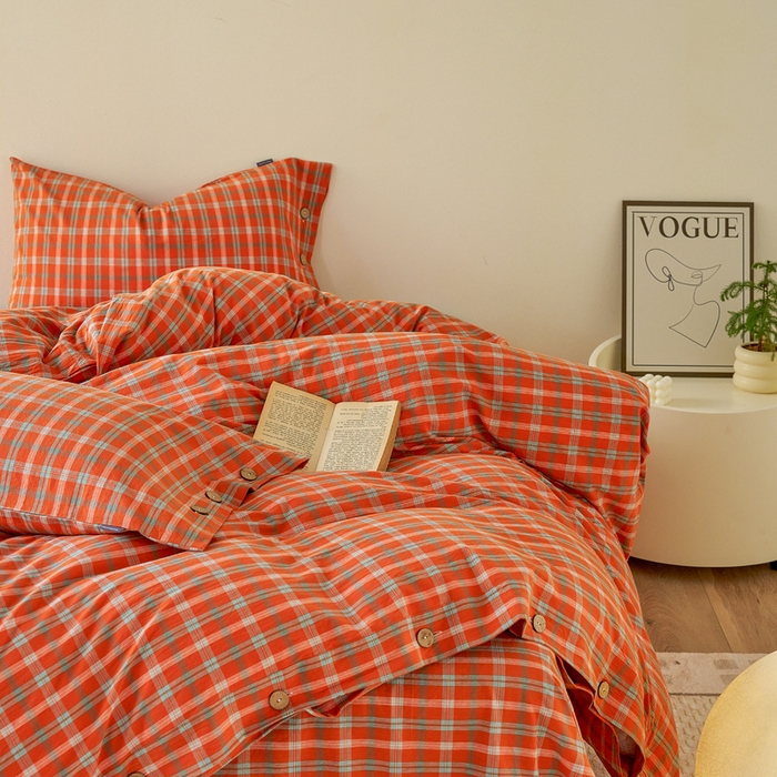 91家纺网 家纺一手货源 找家纺 贝尔 PELLHOME 全棉纽扣色织水洗棉格子四件套（可抖音代发） 梦田-桔