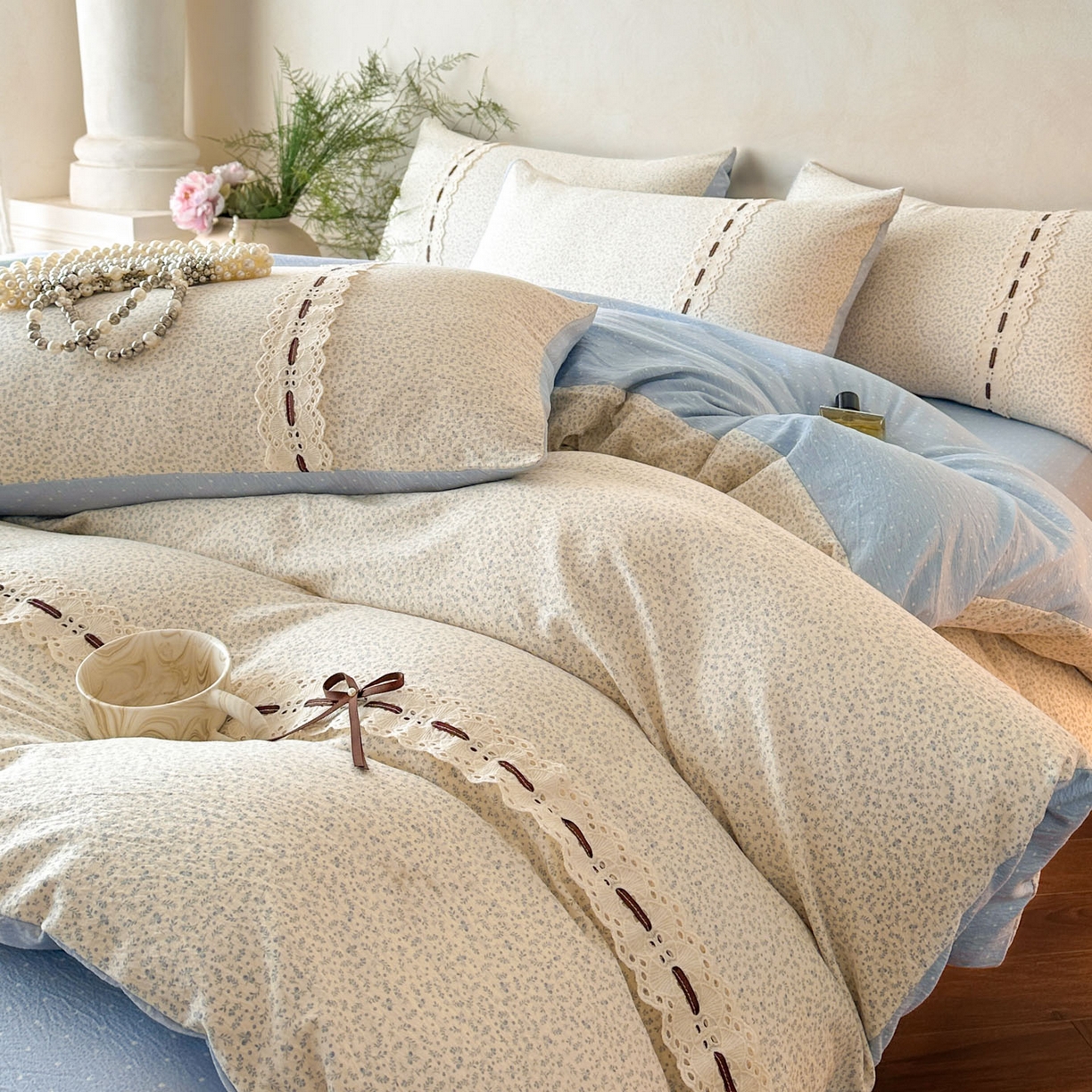 91家纺网 家纺一手货源 找家纺 遇见家居生活馆 2025新款亚麻双层纱四件套-叶知秋（小号108 标准128，加大138） 叶知秋-蓝色