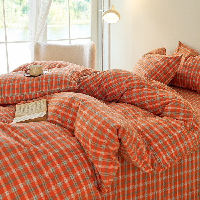 91家纺网 家纺一手货源 找家纺 贝尔 PELLHOME 全棉纽扣色织水洗棉格子四件套（可抖音代发） 梦田-桔