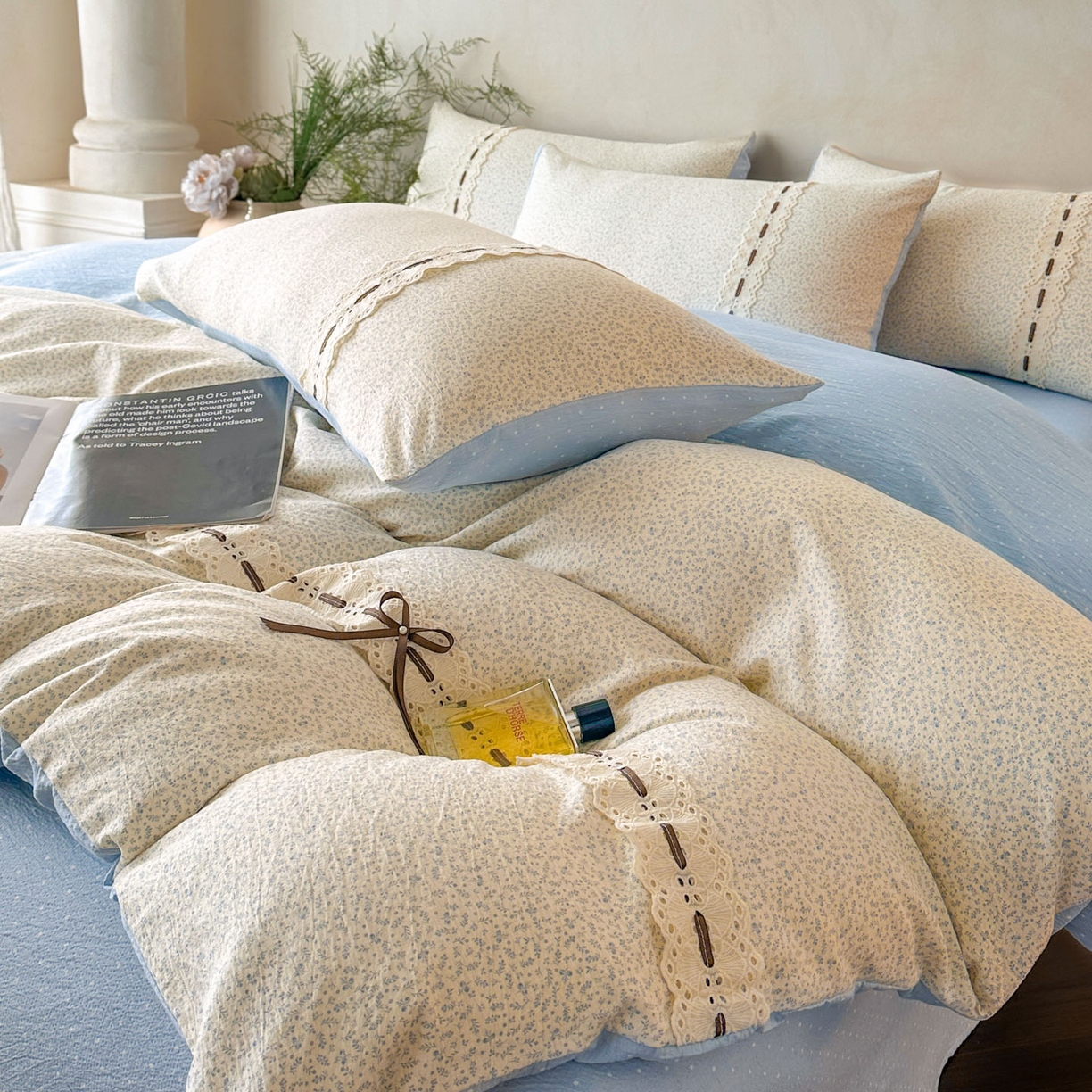 91家纺网 家纺一手货源 找家纺 遇见家居生活馆 2025新款亚麻双层纱四件套-叶知秋（小号108 标准128，加大138） 叶知秋-蓝色