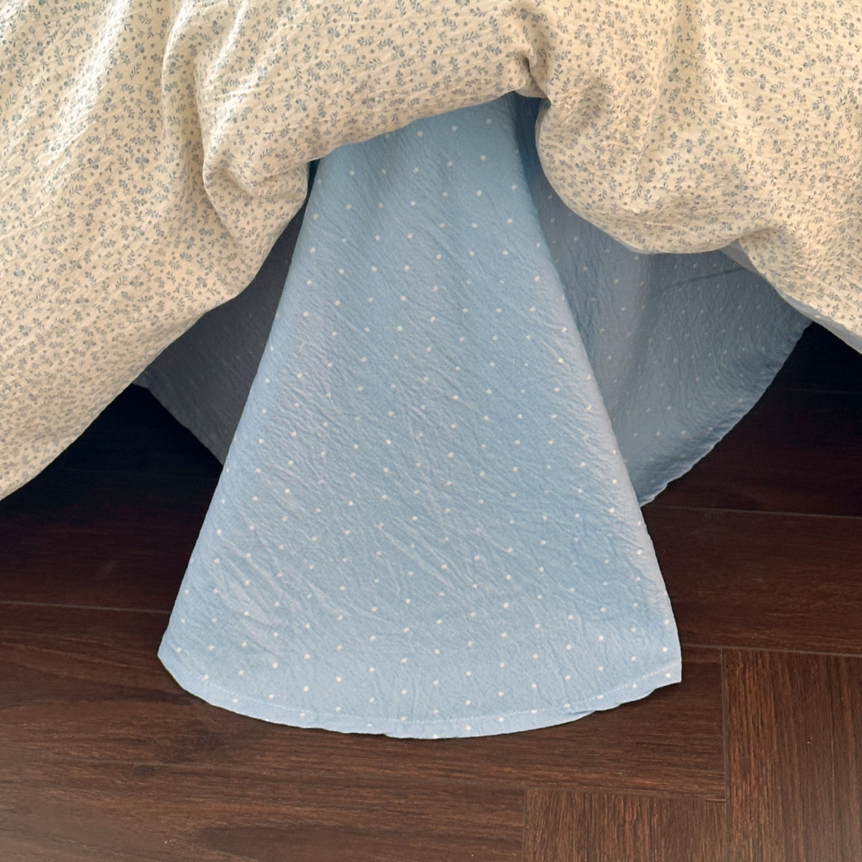 91家纺网 家纺一手货源 找家纺 遇见家居生活馆 2025新款亚麻双层纱四件套-叶知秋（小号108 标准128，加大138） 叶知秋-蓝色