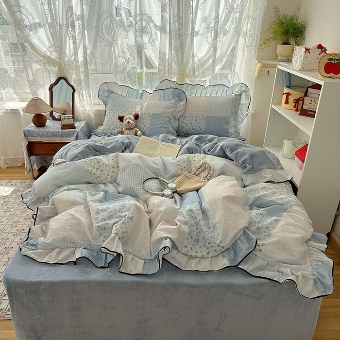 91家纺网 家纺一手货源 找家纺 （总）桃子家居 2025新款A类纯棉数码印花法式碎花棉加绒韩版花边碎花加厚牛奶绒四件套