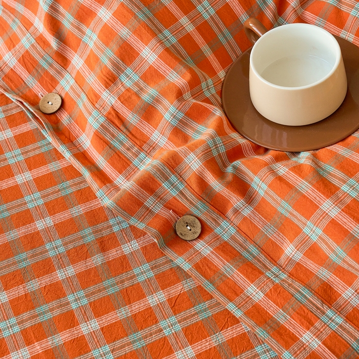 91家纺网 家纺一手货源 找家纺 贝尔 PELLHOME 全棉纽扣色织水洗棉格子四件套（可抖音代发） 梦田-桔