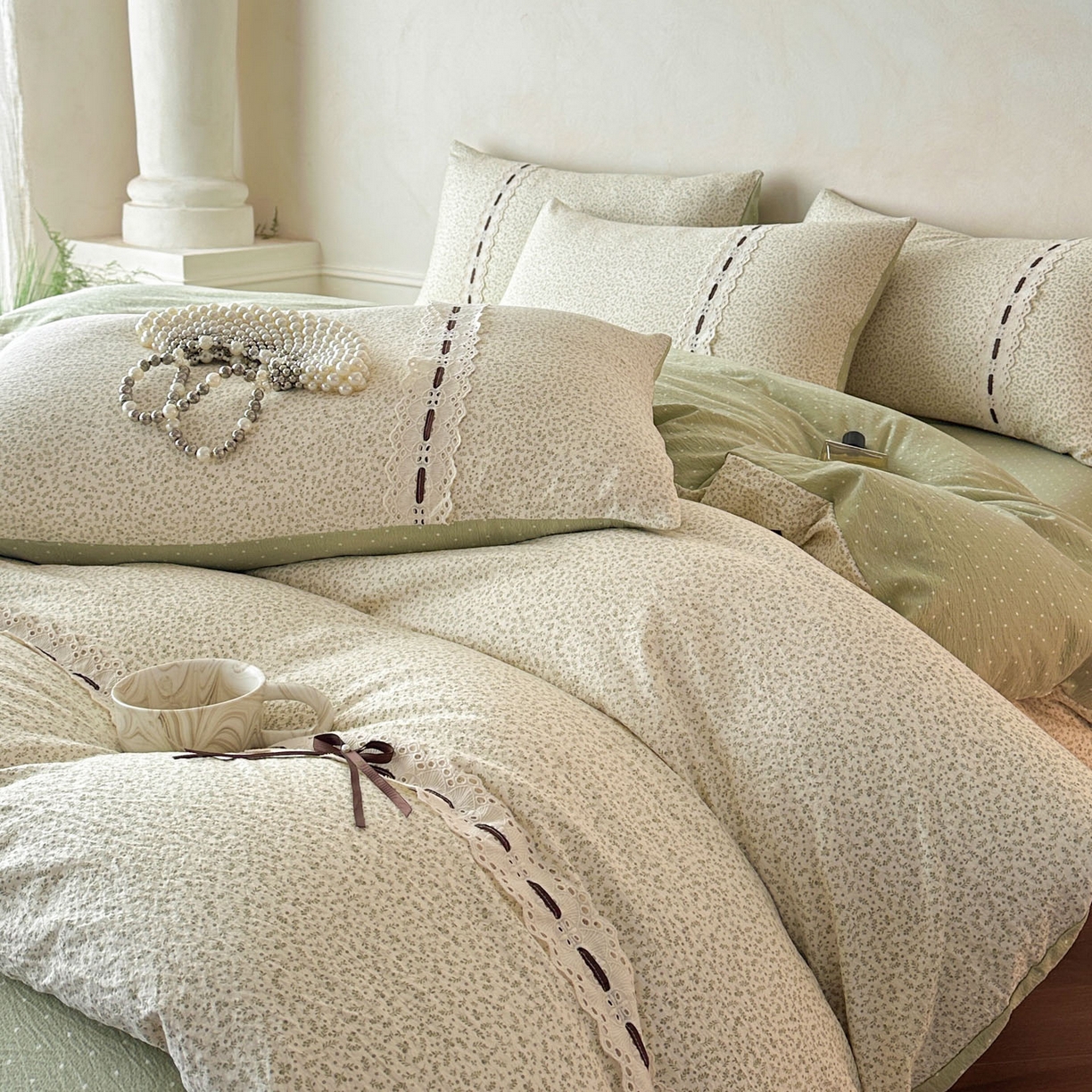 91家纺网 家纺一手货源 找家纺 遇见家居生活馆 2025新款亚麻双层纱四件套-叶知秋（小号108 标准128，加大138） 叶知秋-绿