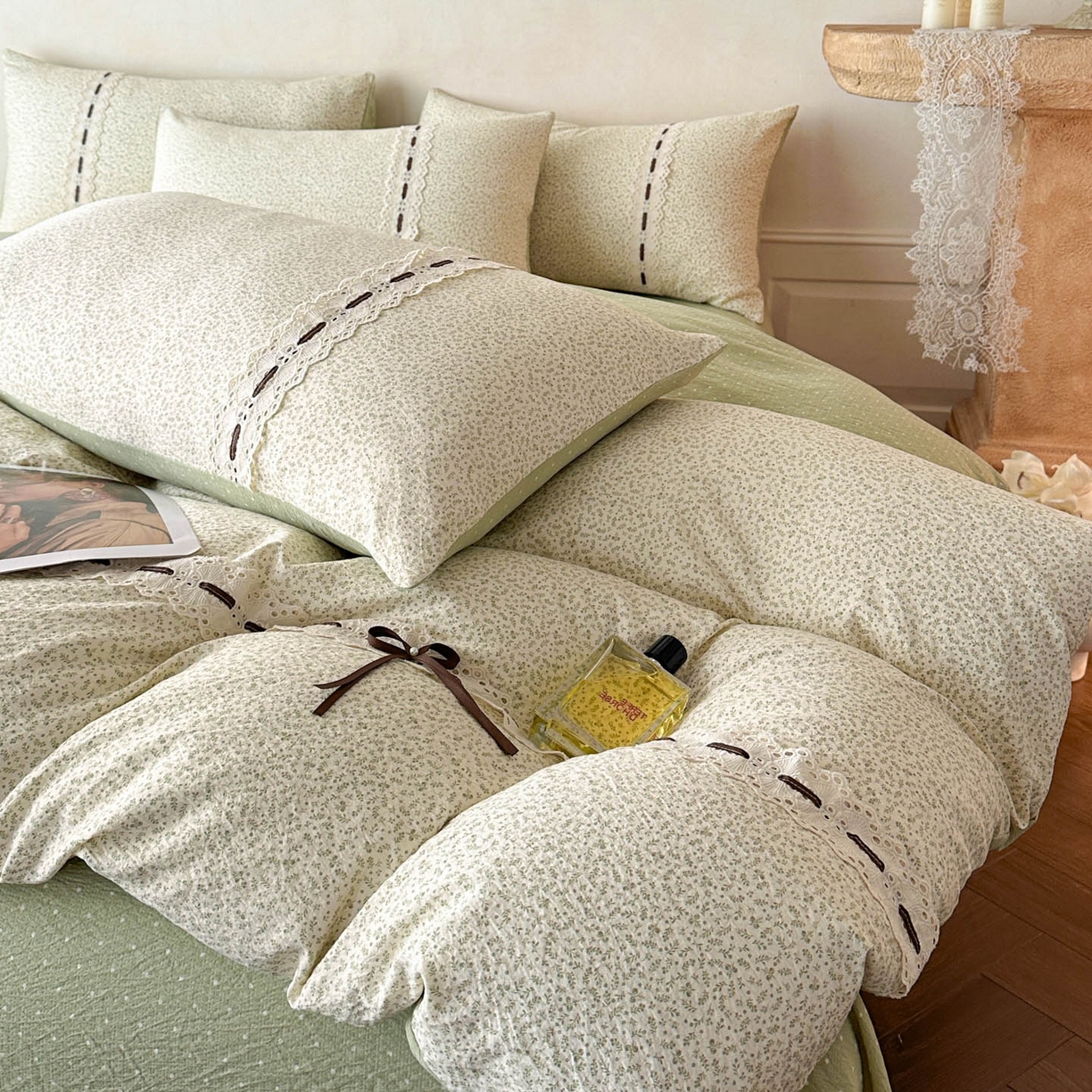 91家纺网 家纺一手货源 找家纺 遇见家居生活馆 2025新款亚麻双层纱四件套-叶知秋（小号108 标准128，加大138） 叶知秋-绿