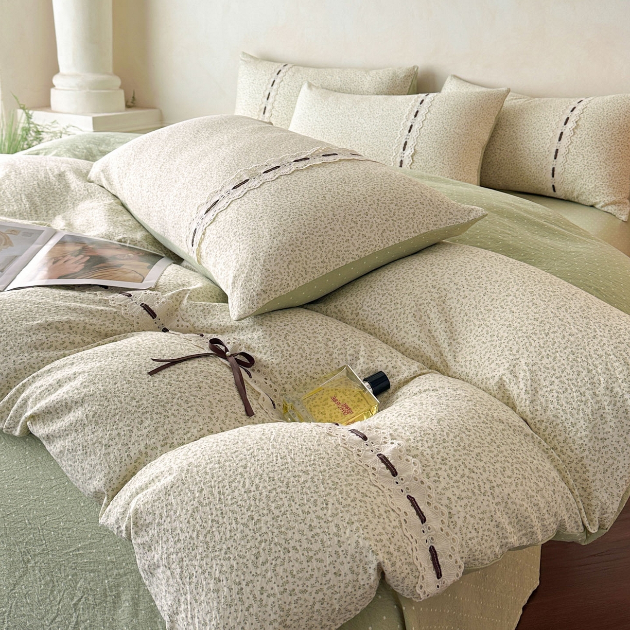 91家纺网 家纺一手货源 找家纺 遇见家居生活馆 2025新款亚麻双层纱四件套-叶知秋（小号108 标准128，加大138） 叶知秋-绿