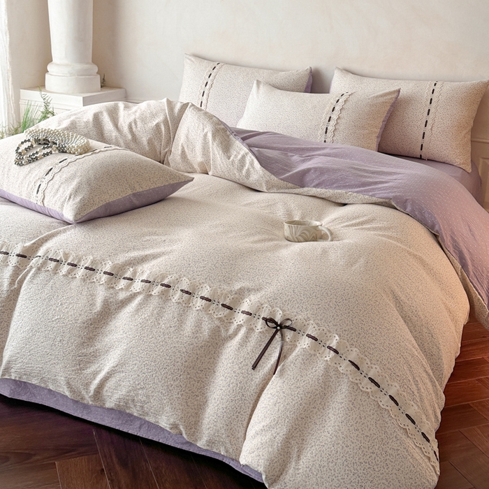 91家纺网 家纺一手货源 找家纺 遇见家居生活馆 2025新款亚麻双层纱四件套-叶知秋（小号108 标准128，加大138） 叶知秋-紫色